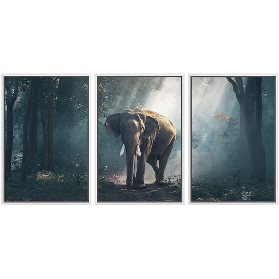 wall26 - 3 Piece Framed Canvas Wall Art - Elephants in The Forest - Modern Home Art Stretched and Framed Ready to Hang - 16"x24"x3 WHITE