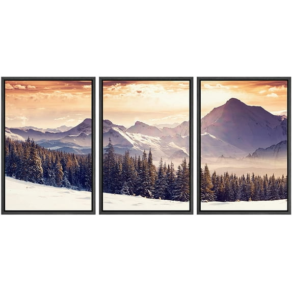 wall26 - 3 Piece Framed Canvas Wall Art - Fantastic Evening Winter Landscape. Dramatic Overcast Sky. Creative Collage. - Modern Home Art Stretched and Framed Ready to Hang - 16"x24"x3 Black