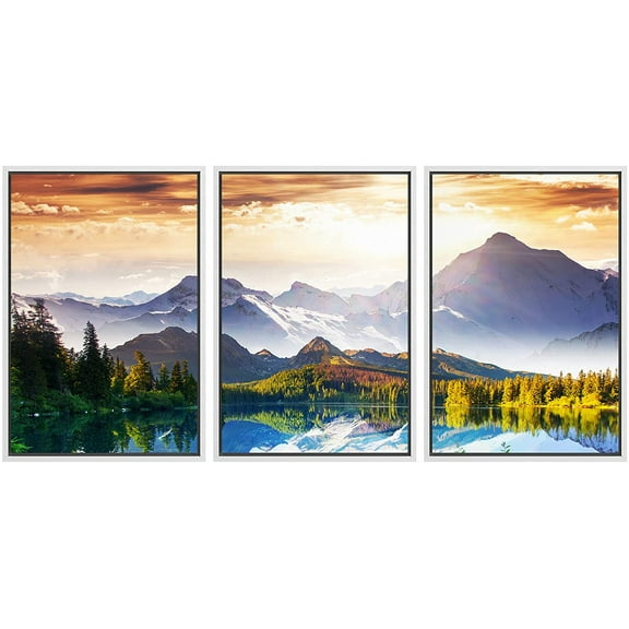 wall26 - 3 Piece Framed Canvas Wall Art - Fantastic Sunny Day is in Mountain Lake. Creative Collage. Beauty World. - Modern Home Art Stretched and Framed Ready to Hang - 16"x24"x3 White
