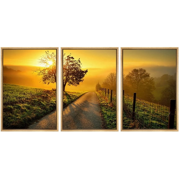 wall26 - 3 Piece Framed Canvas Wall Art - Idyllic Rural Landscape on a Hill with a Tree on a Meadow at Sunrise - Modern Home Art Stretched and Framed Ready to Hang - 16"x24"x3 NATURAL