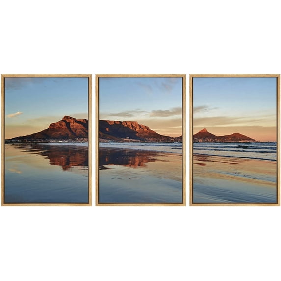 wall26 - 3 Piece Framed Canvas Wall Art - Landscape of Cape Town and Table Mountain at Sunrise - Modern Home Art Stretched and Framed Ready to Hang - 16"x24"x3 NATURAL