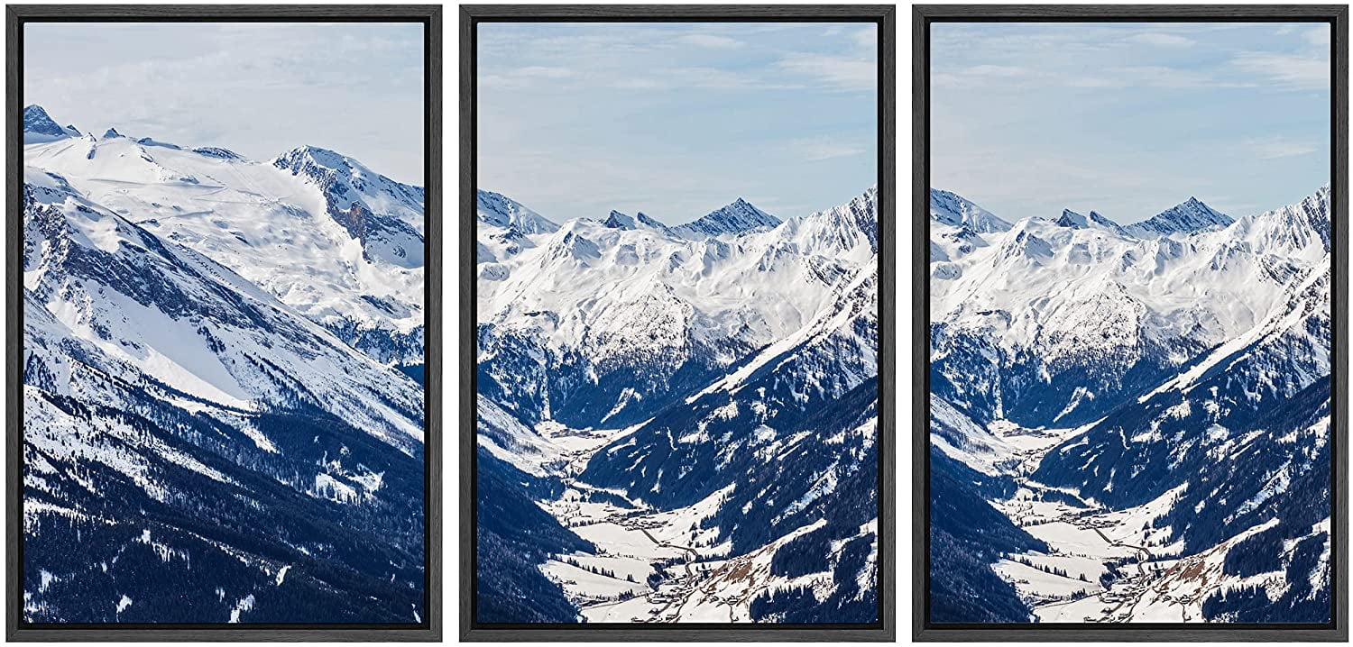 wall26 - 3 Piece Framed Canvas Wall Art - Landscape Photo of Snowy  Mountains in Alps - Modern Home Art Stretched and Ready to Hang - 16