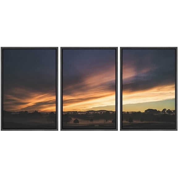 wall26 - 3 Piece Framed Canvas Wall Art - Landscape with Trees at Dusk - Modern Home Art Stretched and Framed Canvas Ready to Hang - 16"x24"x3 Black