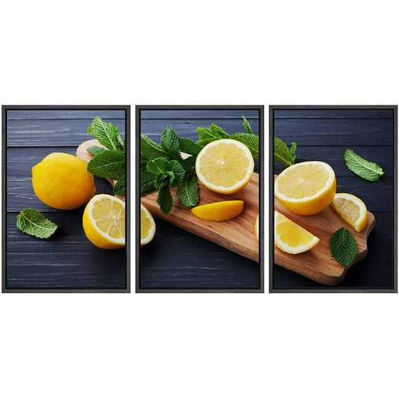 wall26 - 3 Piece Framed Canvas Wall Art - Lemon and Mint Leaves Served on Wooden Kitchen Board on Black Rustic Table - Modern Home Art Stretched and Framed Ready to Hang - 24"x36"x3 BLACK