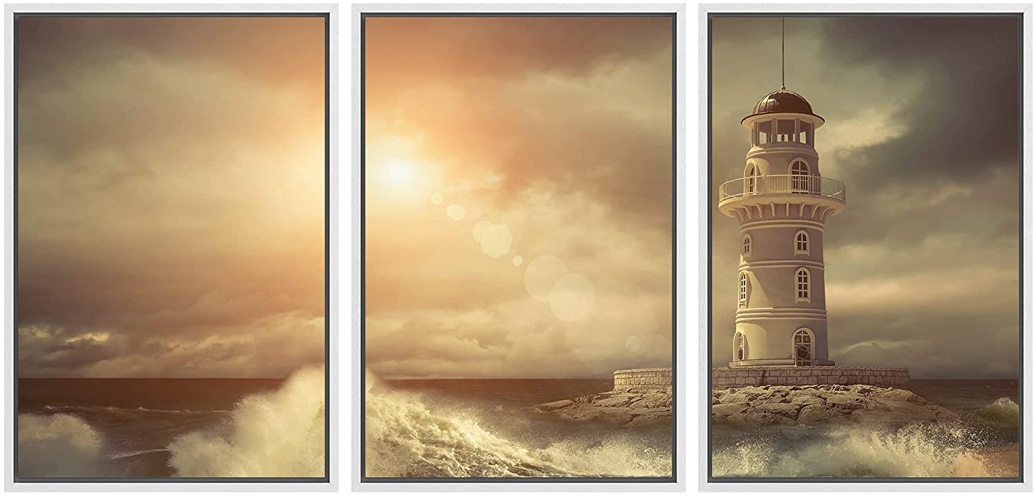wall26 - 3 Piece Framed Canvas Wall Art - Lighthouse on The Sea Under ...
