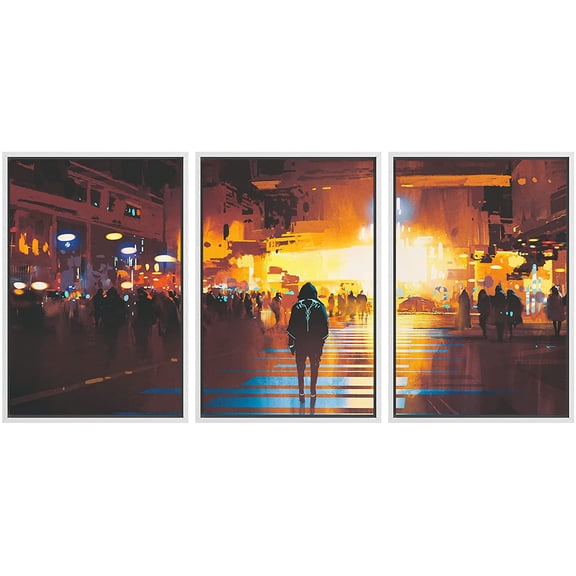 wall26 - 3 Piece Framed Canvas Wall Art - Man Standing on Street Looking at Futuristic City at Night, Sci-Fi Concept - Modern Home Art Stretched and Framed Ready to Hang - 16"x24"x3 WHITE