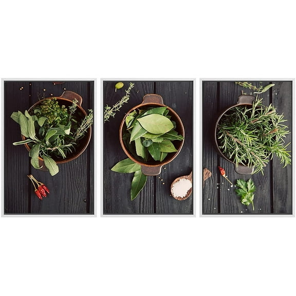 wall26 - 3 Piece Framed Canvas Wall Art - Mediterranean Herbs and Ingredients: Rosemary, Thyme, Sage, Salt, Oregano - Modern Home Art Stretched and Framed Ready to Hang - 16"x24"x3 WHITE