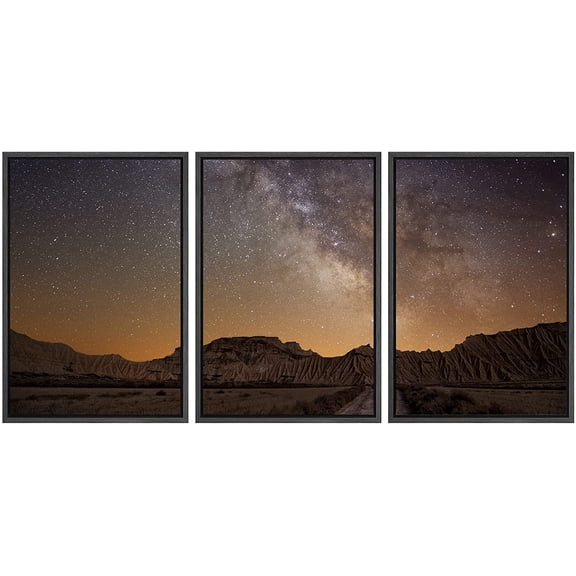 wall26 - 3 Piece Framed Canvas Wall Art - Milky Way Over The Desert of Bardenas, Spain - Modern Home Art Stretched and Framed Ready to Hang - 24"x36"x3 BLACK