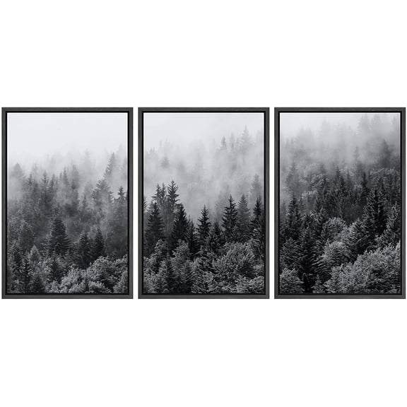 wall26 - 3 Piece Framed Canvas Wall Art - Misty Forests of Evergreen Coniferous Trees in an Ethereal Landscape - Modern Home Art Stretched and Ready to Hang - 16"x24"x3 Black