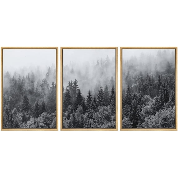 wall26 - 3 Piece Framed Canvas Wall Art - Misty Forests of Evergreen Coniferous Trees in an Ethereal Landscape - Modern Home Art Stretched and Ready to Hang - 24"x36"x3 Natural