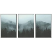 wall26 - 3 Piece Framed Canvas Wall Art - Mountain Forest in Fog - Modern Home Art Stretched and Ready to Hang - 16"x24"x3 White