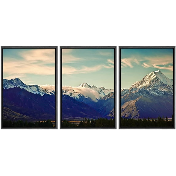 wall26 - 3 Piece Framed Canvas Wall Art - New Zealand Scenic Mountain Landscape Shot at Mount Cook National Park. - Modern Home Art Stretched and Framed Canvas Ready to Hang - 16"x24"x3 Bla
