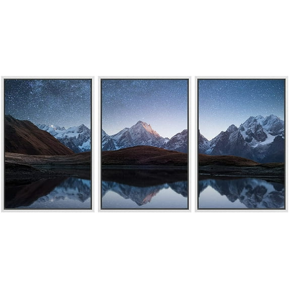 wall26 - 3 Piece Framed Canvas Wall Art - Night Sky with Stars and The Milky Way Over a Mountain Lake - Modern Home Art Stretched and Framed Ready to Hang - 24"x36"x3 White