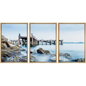 wall26 - 3 Piece Framed Canvas Wall Art - Old Jetty and Rocks - Modern Home Art Stretched and Framed Ready to Hang - 16"x24"x3 NATURAL