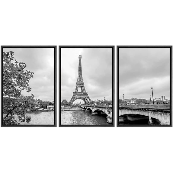 wall26 - 3 Piece Framed Canvas Wall Art - Paris Eiffel Tower from Seine. Cityscape in Black and White - Modern Home Art Stretched and Framed Ready to Hang - 16"x24"x3 Black
