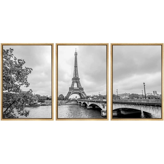 wall26 - 3 Piece Framed Canvas Wall Art - Paris Eiffel Tower from Seine. Cityscape in Black and White - Modern Home Art Stretched and Framed Ready to Hang - 24"x36"x3 Natural