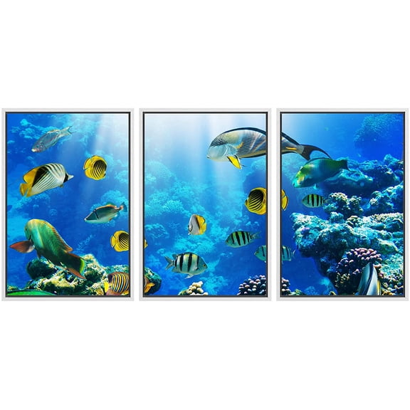 wall26 - 3 Piece Framed Canvas Wall Art - Photo of a Tropical Fish on a Coral Reef - Modern Home Art Stretched and Framed Ready to Hang - 16"x24"x3 WHITE
