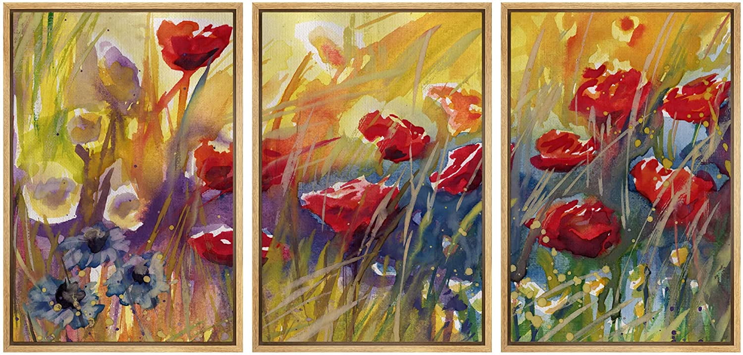 wall26 3 Piece Framed Canvas Wall Art Poppies, Flowers, Modern Home