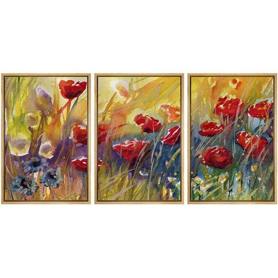 wall26 - 3 Piece Framed Canvas Wall Art - Poppies, Flowers, Modern Home Art Stretched and Framed Ready to Hang - 16"x24"x3 Natural