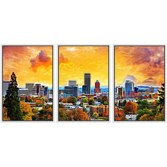 wall26 - 3 Piece Framed Canvas Wall Art - Portland Oregon Downtown City During Sunset in The Fall Season Abtract Painting - Modern Home Art Stretched and Framed Ready to Hang - 24"x36"x3 WH