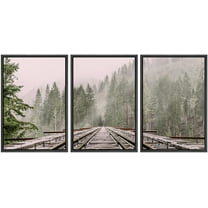 wall26 - 3 Piece Framed Canvas Wall Art - Railway Through The Pine Forest with Mist - Modern Home Art Stretched and Ready to Hang - 24"x36"x3 Black