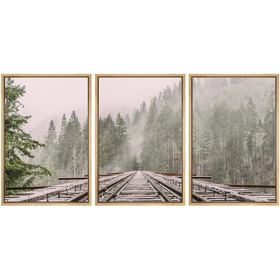 wall26 - 3 Piece Framed Canvas Wall Art - Railway Through The Pine Forest with Mist - Modern Home Art Stretched and Ready to Hang - 24"x36"x3 Natural