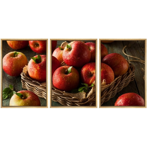 wall26 - 3 Piece Framed Canvas Wall Art - Raw Red Fuji Apples in a Basket - Modern Home Art Stretched and Framed Ready to Hang - 24"x36"x3 NATURAL