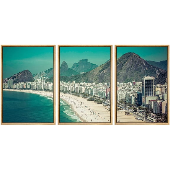 wall26 - 3 Piece Framed Canvas Wall Art - Rio De Janeiro, Brazil - Copacabana Beach - Modern Home Art Stretched and Framed Ready to Hang - 16"x24"x3 Natural