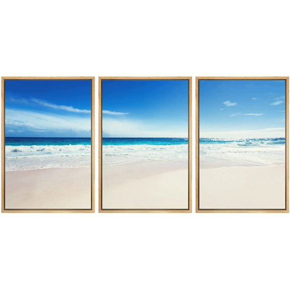 wall26 3 Piece Framed Canvas Wall Art - Seychelles Beach - Modern Home Art Stretched and Framed Ready to Hang - 24"x36"x3 Natural