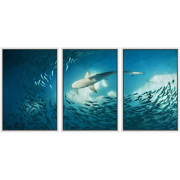 wall26 - 3 Piece Framed Canvas Wall Art - Shark and Small Fishes in Ocean - Nature Background - Modern Home Art Stretched and Framed Ready to Hang - 16"x24"x3 WHITE