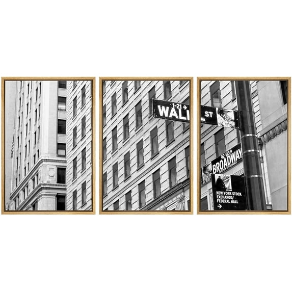 wall26 - 3 Piece Framed Canvas Wall Art - Sign on Wall Street in New York City - Modern Home Art Stretched and Framed Ready to Hang - 16"x24"x3 Natural