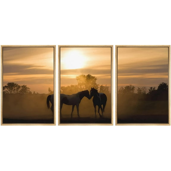 wall26 - 3 Piece Framed Canvas Wall Art - Silhoutte Horses in Love in The Netherlands at Sunset - Modern Home Art Stretched and Framed Ready to Hang - 24"x36"x3 NATURAL