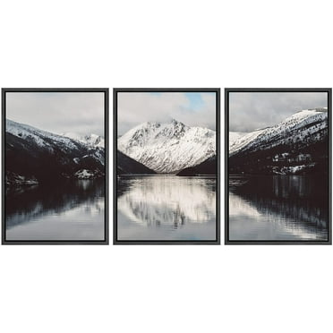 wall26 - 3 Piece Framed Canvas Wall Art - Snow Mountain with Reflection in The Lake - Modern Home Art Stretched and Framed Ready to Hang - 24&quot;x36&quot;x3 BLACK
