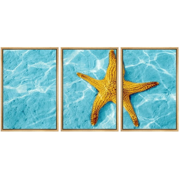 wall26 - 3 Piece Framed Canvas Wall Art - Starfish in Blue Water with Light Reflection. - Modern Home Art Stretched and Framed Ready to Hang - 16"x24"x3 NATURAL