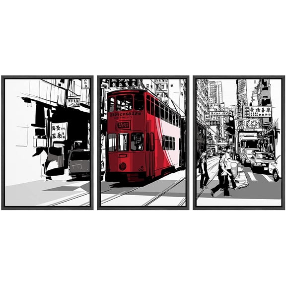 wall26 - 3 Piece Framed Canvas Wall Art - Street in Hong Kong - Vector Illustration - Modern Home Art Stretched and Framed Ready to Hang - 16"x24"x3 Black