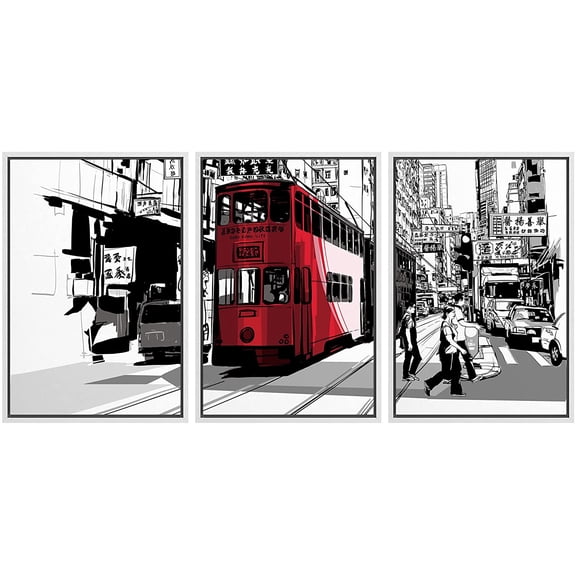 wall26 - 3 Piece Framed Canvas Wall Art - Street in Hong Kong - Vector Illustration - Modern Home Art Stretched and Framed Ready to Hang - 24"x36"x3 White