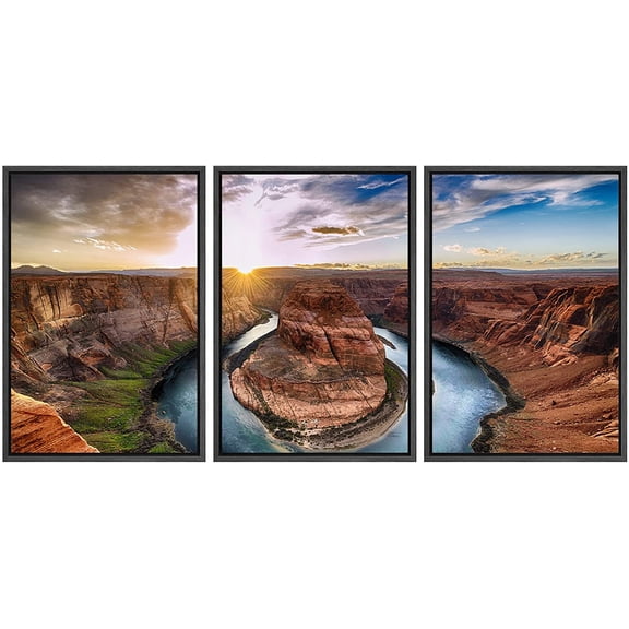 wall26 - 3 Piece Framed Canvas Wall Art - Sunset Moment at Horseshoe Bend, Colorado River, Grand Canyon National Park - Modern Home Art Stretched and Framed Ready to Hang - 16"x24"x3 Black