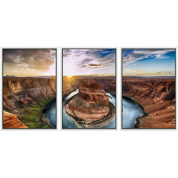 wall26 - 3 Piece Framed Canvas Wall Art - Sunset Moment at Horseshoe Bend, Colorado River, Grand Canyon National Park - Modern Home Art Stretched and Framed Ready to Hang - 16"x24"x3 White