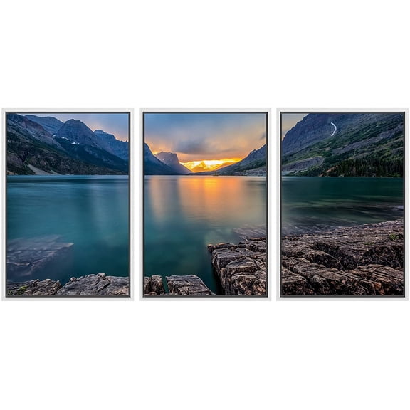 wall26-3 Piece Framed Canvas Wall Art - Sunset at St Mary Lake, Glacier National Park, Mt - Modern Home Art Stretched and Framed Ready to Hang - 16"x24"x3 White