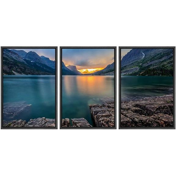 wall26-3 Piece Framed Canvas Wall Art - Sunset at St Mary Lake, Glacier National Park, Mt - Modern Home Art Stretched and Framed Ready to Hang - 16"x24"x3 Black