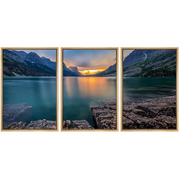 wall26-3 Piece Framed Canvas Wall Art - Sunset at St Mary Lake, Glacier National Park, Mt - Modern Home Art Stretched and Framed Ready to Hang - 16"x24"x3 Natural