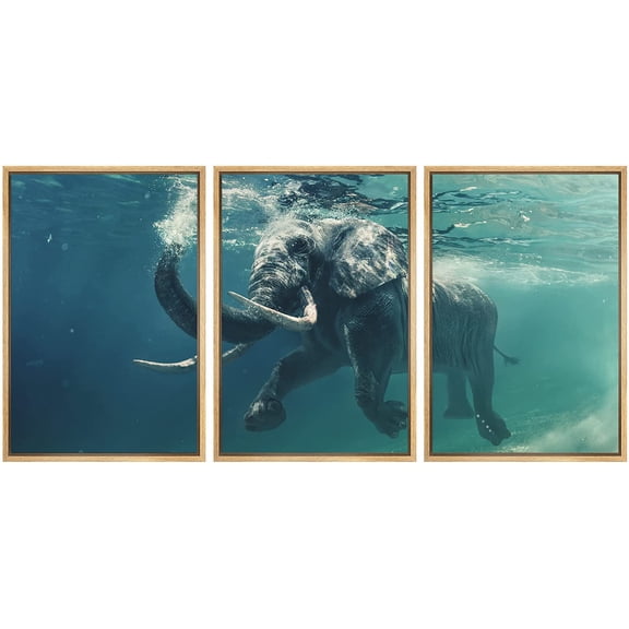 wall26 - 3 Piece Framed Canvas Wall Art - Swimming Elephant Underwater. African Elephant in Ocean with Mirrors and Ripples - Modern Home Art Stretched and Framed Ready to Hang - 24"x36"x3 N