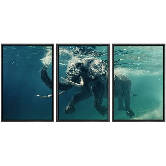 wall26 - 3 Piece Framed Canvas Wall Art - Swimming Elephant Underwater. African Elephant in Ocean with Mirrors and Ripples - Modern Home Art Stretched and Framed Ready to Hang - 16"x24"x3 B