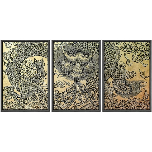 wall26 - 3 Piece Framed Canvas Wall Art - The Old Pattern of Dragon - Modern Home Art Stretched and Framed Ready to Hang - 16"x24"x3 BLACK