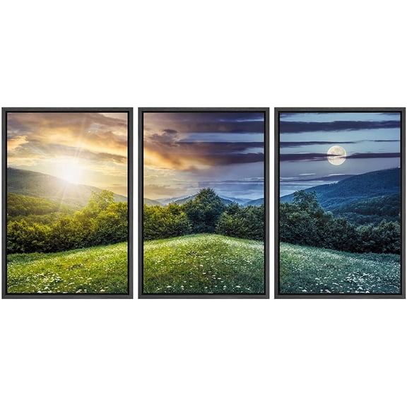 wall26 - 3 Piece Framed Canvas Wall Art - Trees on Hillside of Mountain Range with Coniferous Forest and Flowers on Meadow - Modern Home Art Stretched and Framed Ready to Hang - 16"x24"x3 B