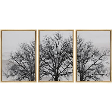 wall26 - 3 Piece Framed Canvas Wall Art - Trees in Winter Gray Landscape - Modern Home Art Stretched and Framed Ready to Hang - 24&quot;x36&quot;x3 NATURAL