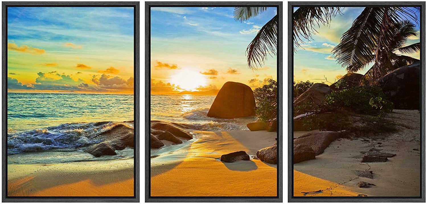 wall26 - 3 Piece Framed Canvas Wall Art - Tropical Beach at Sunset ...