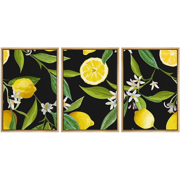 wall26 - 3 Piece Framed Canvas Wall Art - Vector - Seamless Pattern. Lemon Fruits Background. Floral Pattern - Modern Home Art Stretched and Framed Ready to Hang - 16"x24"x3 NATURAL