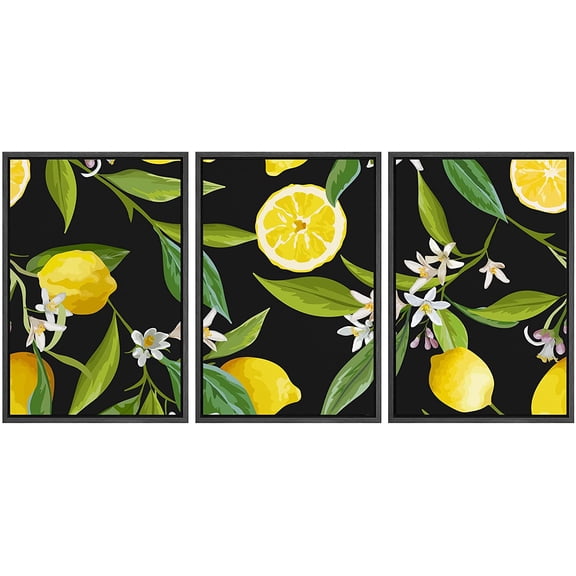 wall26 - 3 Piece Framed Canvas Wall Art - Vector - Seamless Pattern. Lemon Fruits Background. Floral Pattern - Modern Home Art Stretched and Framed Ready to Hang - 16"x24"x3 BLACK