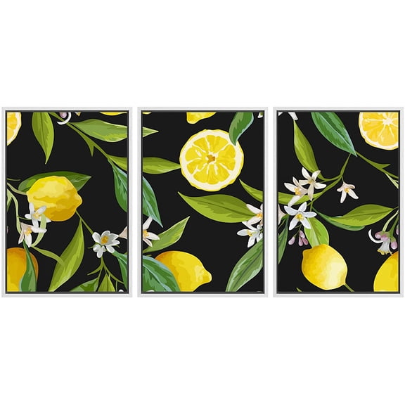 wall26 - 3 Piece Framed Canvas Wall Art - Vector - Seamless Pattern. Lemon Fruits Background. Floral Pattern - Modern Home Art Stretched and Framed Ready to Hang - 16"x24"x3 WHITE